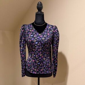 Banana Republic Floral V-Neck Long Sleeve Top in Navy, Purple, Pink